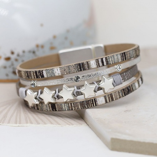 Leather Bracelet with Silver Plated Stars and Crystals by Peace of Mind